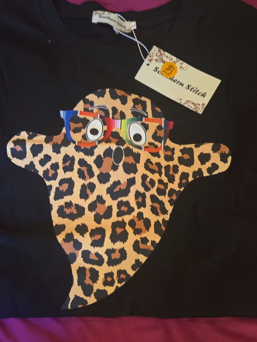 Women's Halloween Black Tee with Leopard-Print Ghost! NWT SIZE LARGE